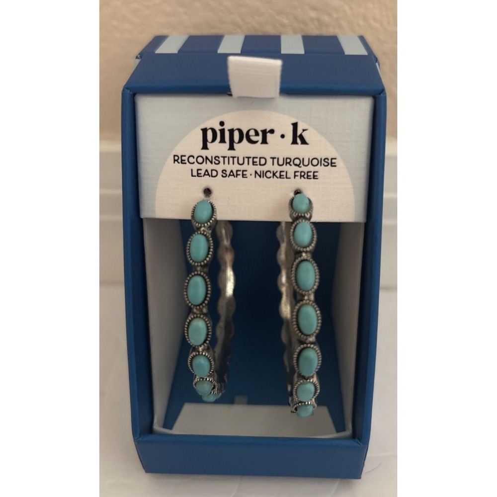 Piper K Turquoise Hoop Earrings Silver Tone Reconstituted Stone Lead Nickel Free